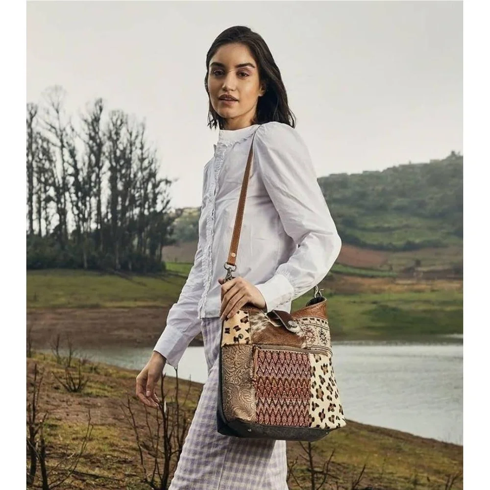 NWT Myra Womens Shoulder Bag Patchwork Leather Cowhide Leopard Print Bohemian - Picture 2 of 10